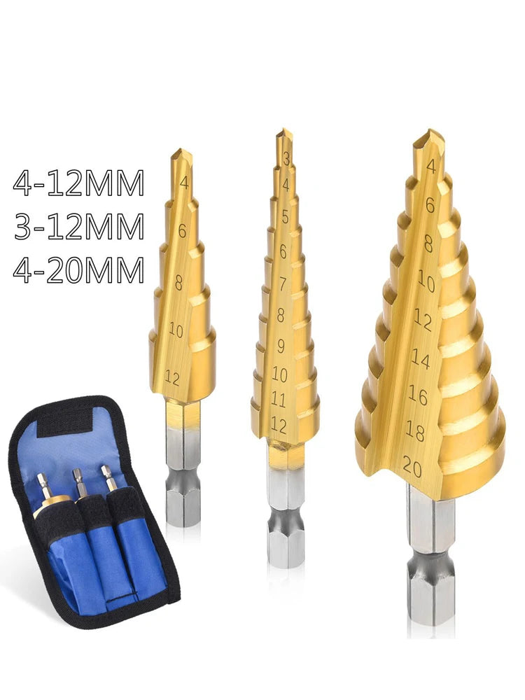 Hss Steel Titanium Coated Step Drill Bits 3-12mm 4-12mm 4-20mm Step Cone Cutting Tools Steel Wood Metal Drilling Power Set