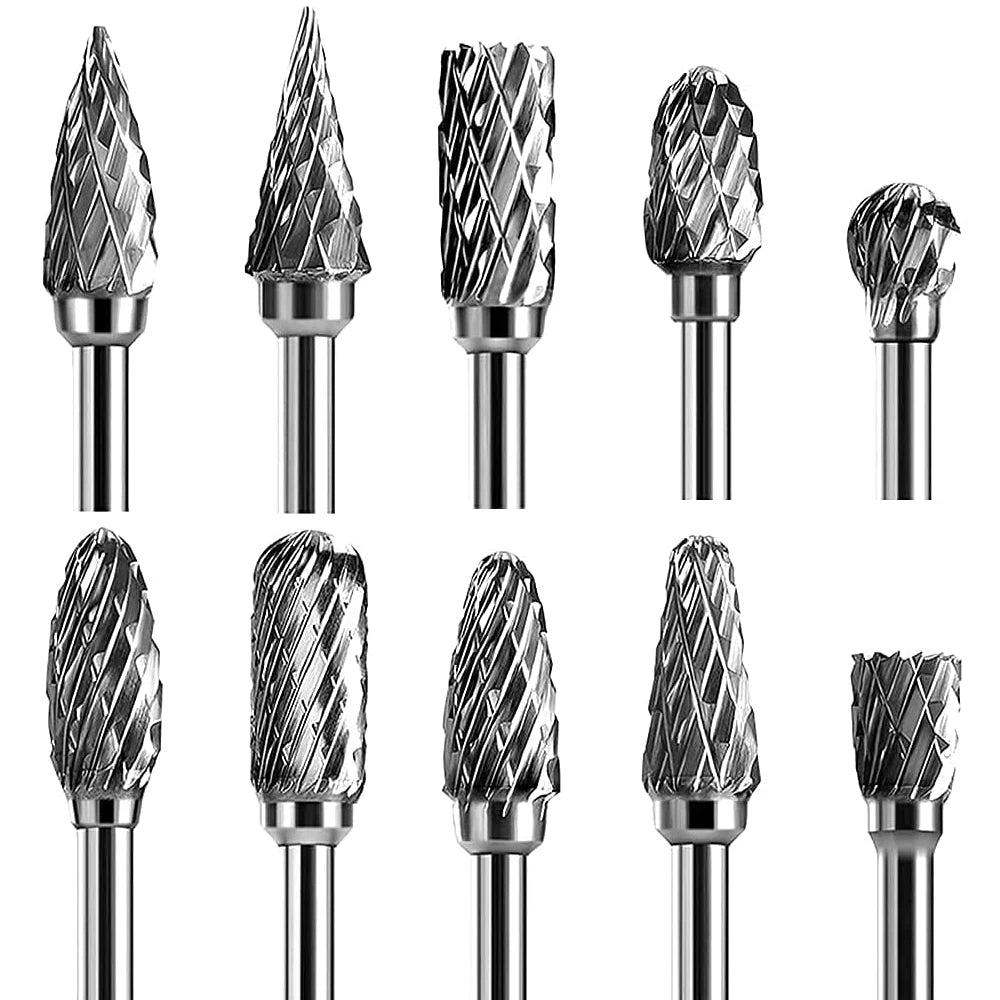 10 PCs 1/8" Shank Tungsten Carbide Milling Cutter Rotary Tool Burr Double Diamond Cut Rotary Dremel Tools Electric Grinding