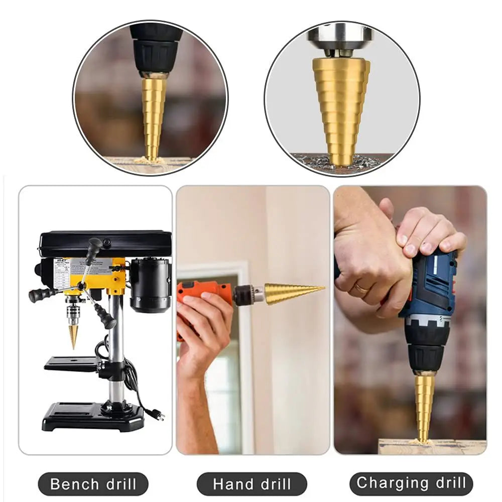 Hss Steel Titanium Coated Step Drill Bits 3-12mm 4-12mm 4-20mm Step Cone Cutting Tools Steel Wood Metal Drilling Power Set