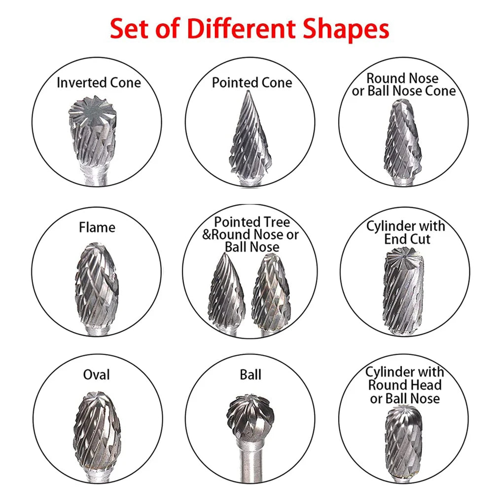 10 PCs 1/8" Shank Tungsten Carbide Milling Cutter Rotary Tool Burr Double Diamond Cut Rotary Dremel Tools Electric Grinding