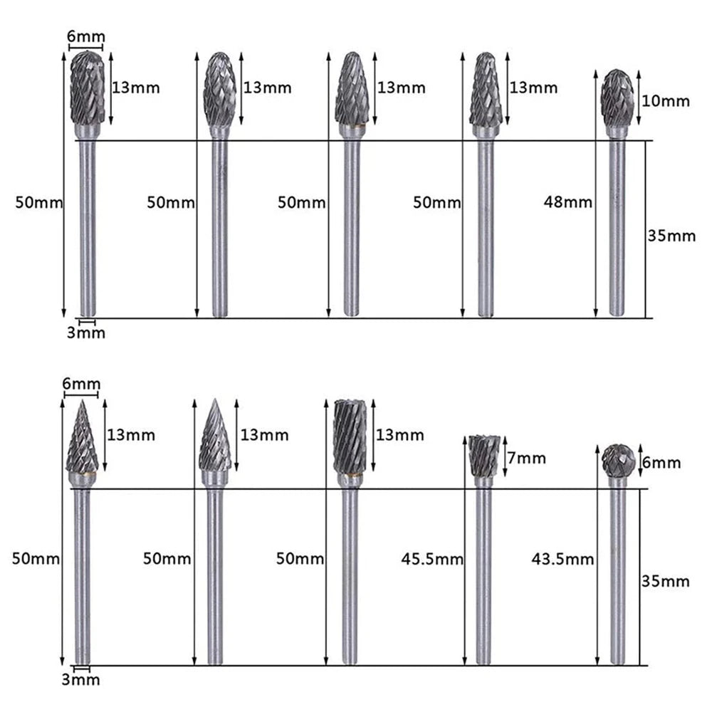 10 PCs 1/8" Shank Tungsten Carbide Milling Cutter Rotary Tool Burr Double Diamond Cut Rotary Dremel Tools Electric Grinding